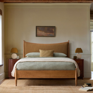 Curved Upholstered Bed with Burl Wood Side Rails