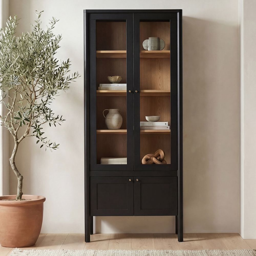 Tall Glass Cabinet with Solid Pine Wood Frame