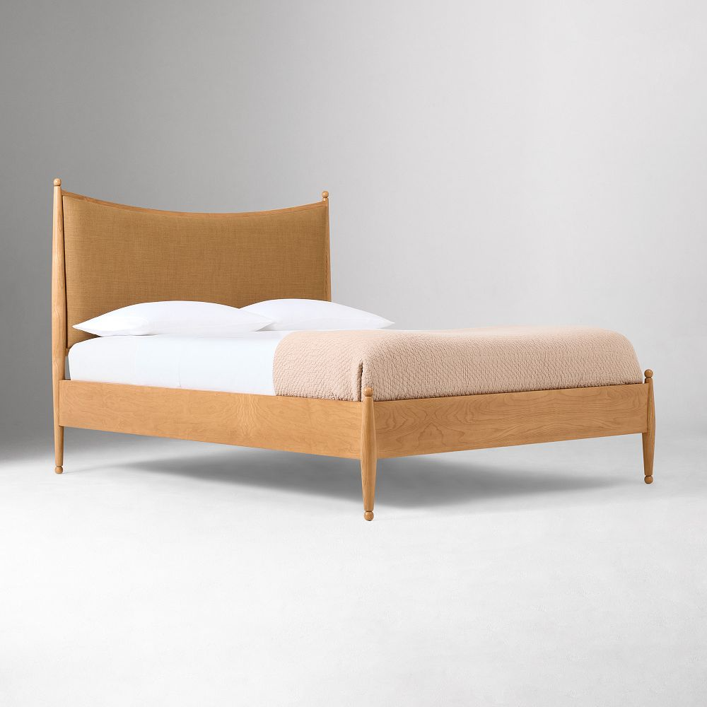 Curved Upholstered Bed with Burl Wood Side Rails