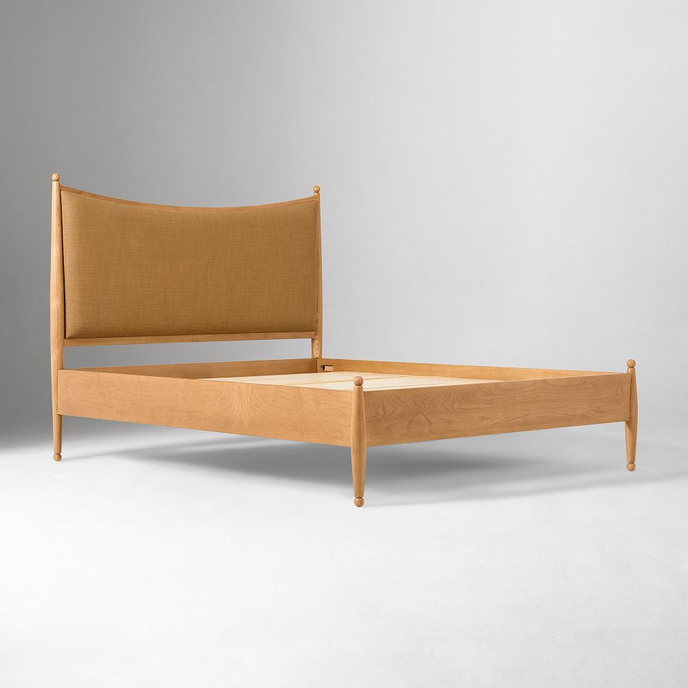 Curved Upholstered Bed with Burl Wood Side Rails