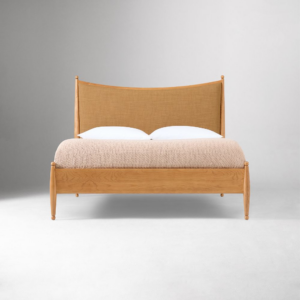 Curved Upholstered Bed with Burl Wood Side Rails