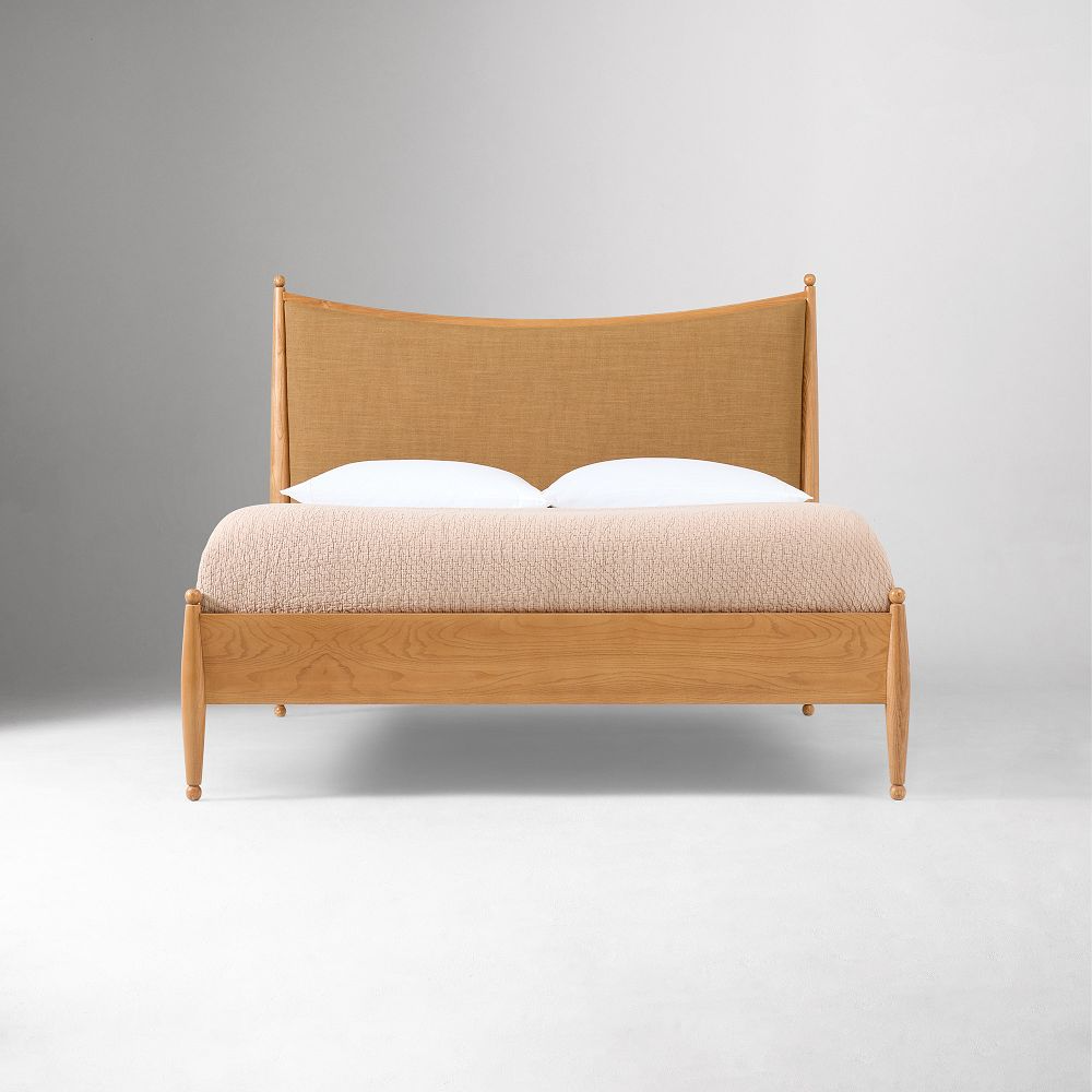 Curved Upholstered Bed with Burl Wood Side Rails