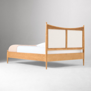 Curved Upholstered Bed with Burl Wood Side Rails