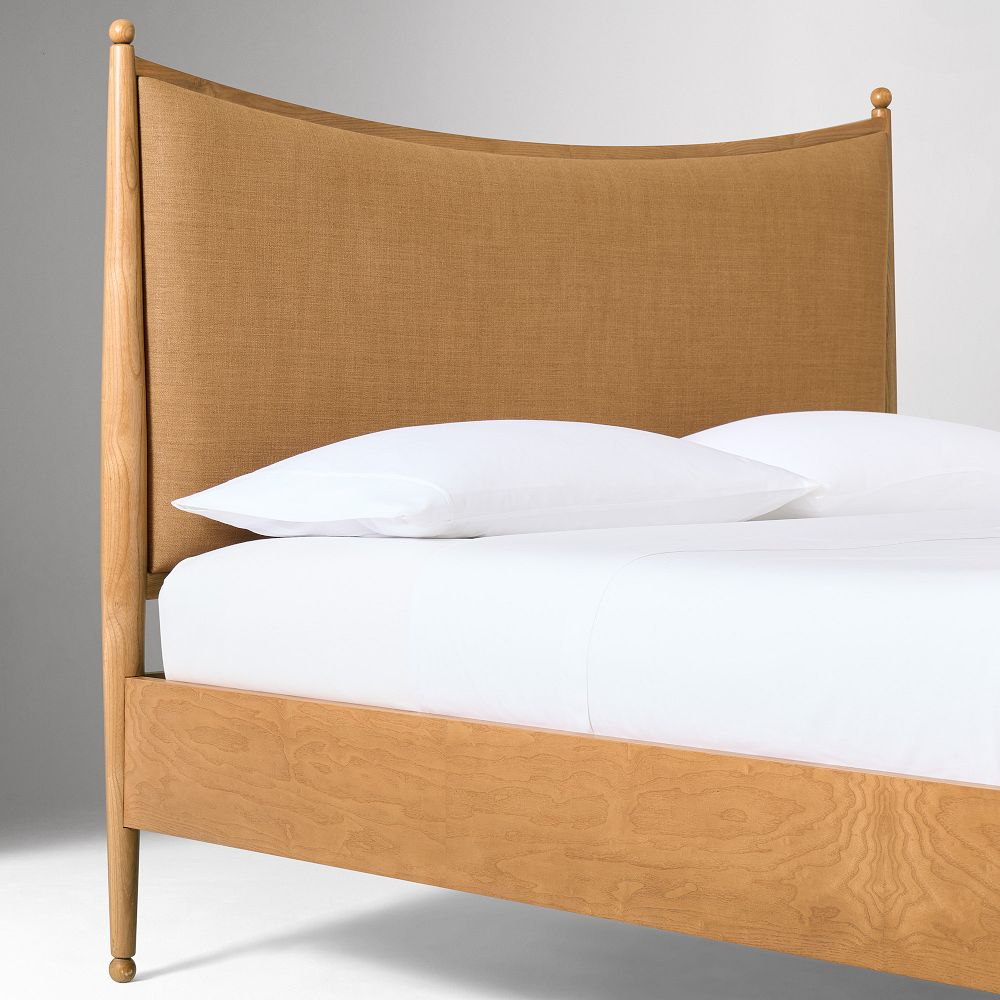 Curved Upholstered Bed with Burl Wood Side Rails