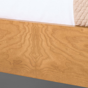 Curved Upholstered Bed with Burl Wood Side Rails