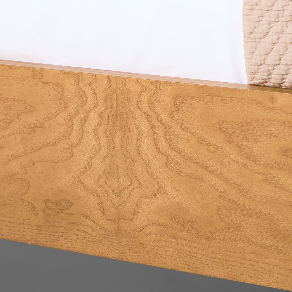 Curved Upholstered Bed with Burl Wood Side Rails