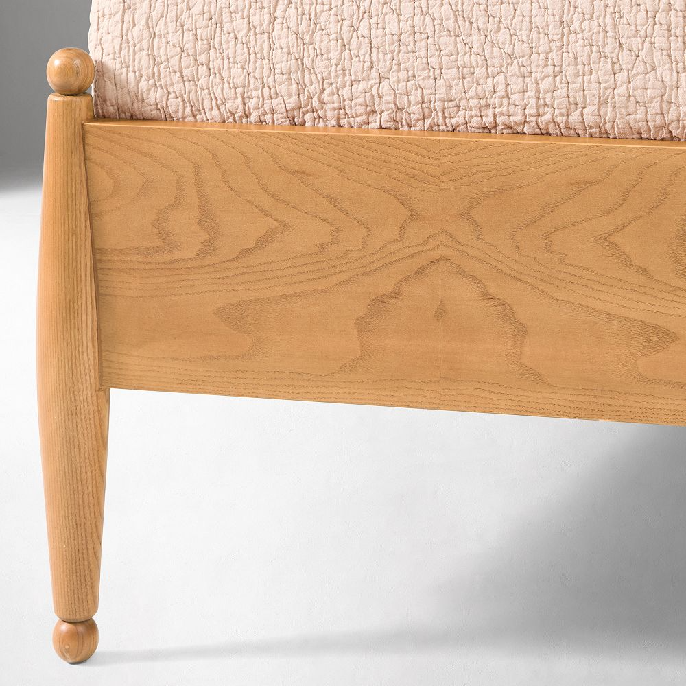 Curved Upholstered Bed with Burl Wood Side Rails
