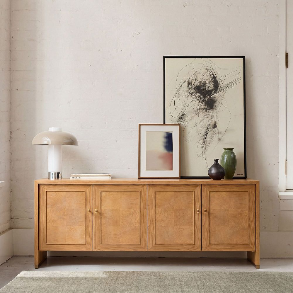 Media Console with Oak Veneer Storage Cabinets